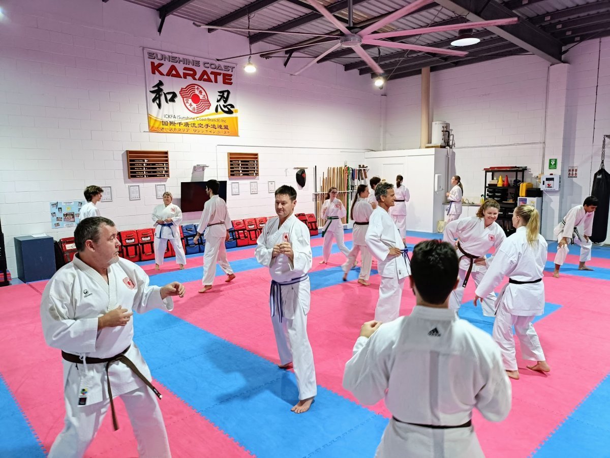 A teens and adults class training together in the dojo