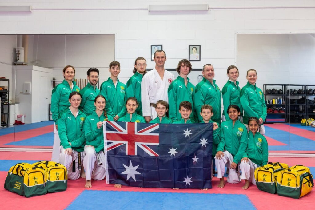Sunshine Coast Karate competition team with the Australian flag