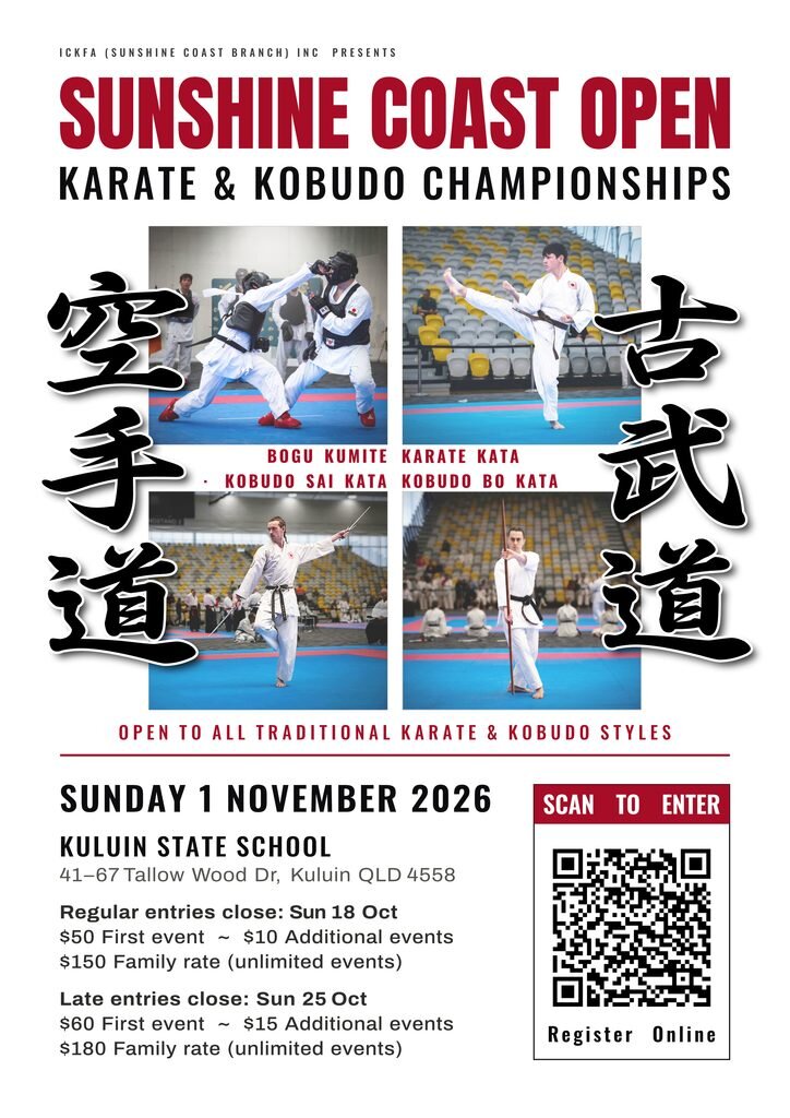 2026 Sunshine Coast Open poster: traditional karate and kobudo championships, Sunday 1 November, Kuluin State School