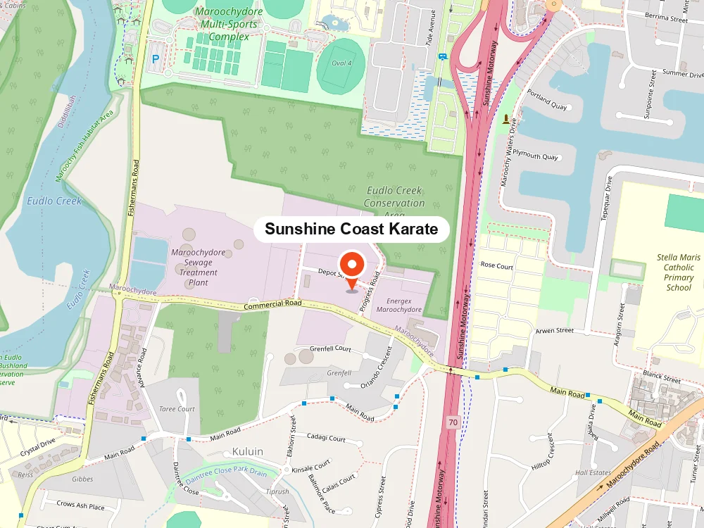 Map showing Sunshine Coast Karate on Depot Street, Maroochydore, off Progress Road near Energex
